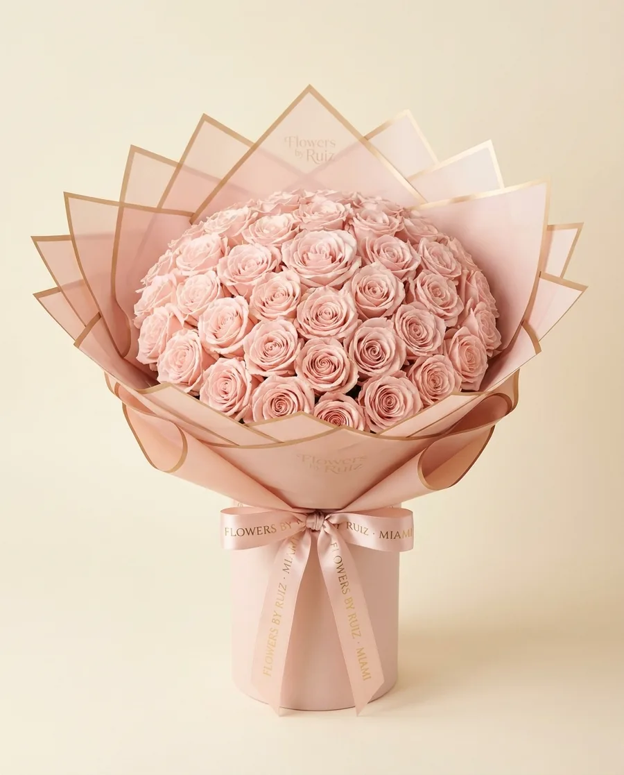 Custom blush bouquet wrapped in mauve paper
